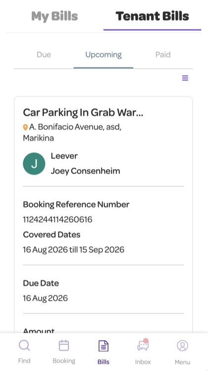 Leeveit app bills screen showing due, upcoming and paid tenant bills